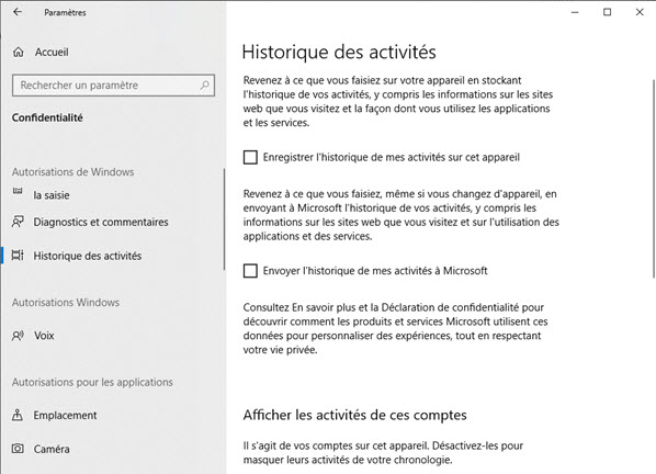 Windows 10 historique des activités 